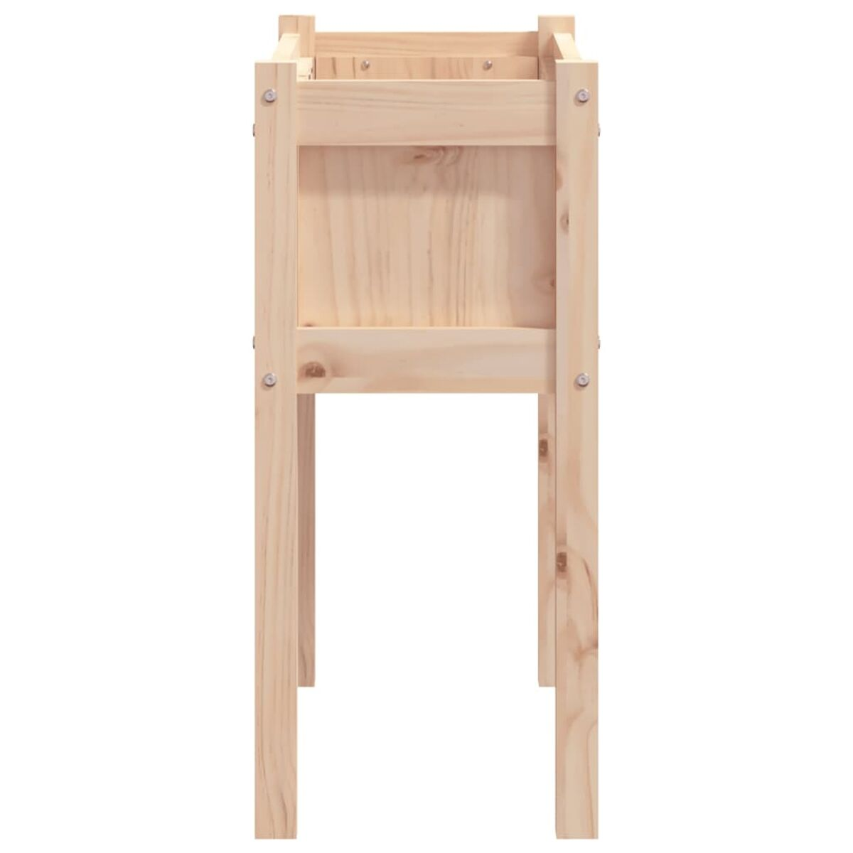 Hoher, rechteckiger Pflanzkasten aus Holz. Einfaches Design, bereit für Pflanzen. Seitenansicht, leer.
