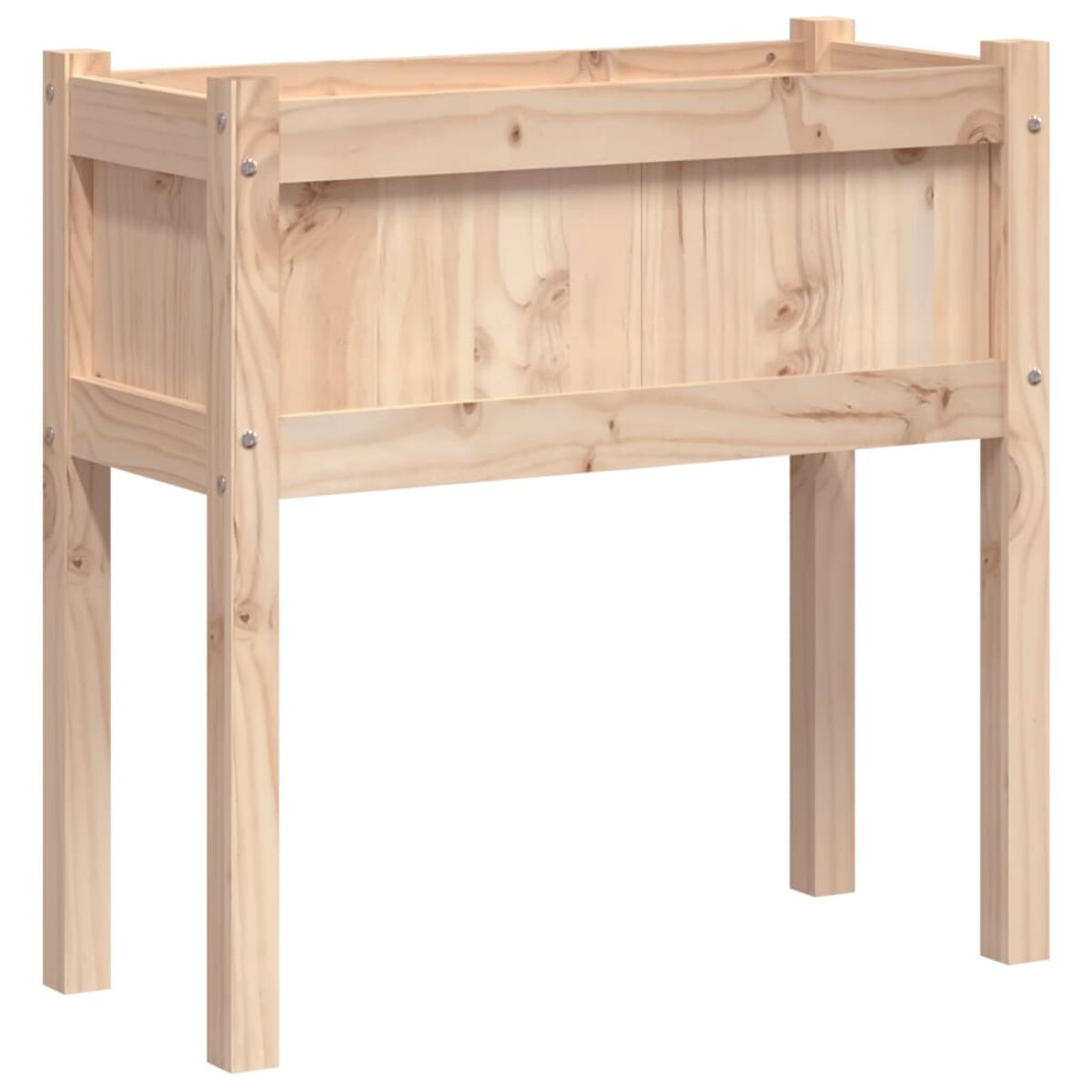 Pflanzkasten aus Holz auf Beinen. Das Holz ist hell.