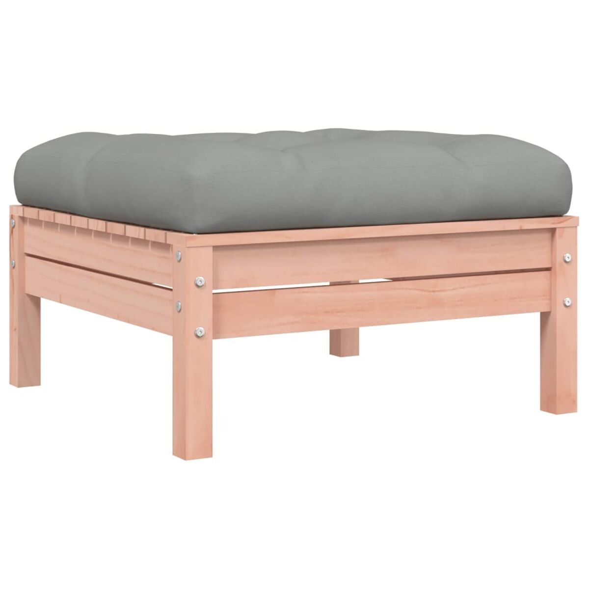 Hocker aus Holz mit einem grauen Kissen. Vier stabile Beine tragen den Rahmen.