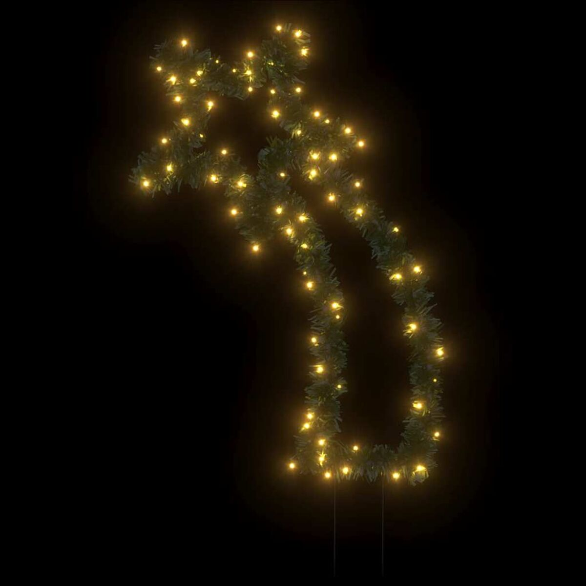 Weihnachtsbeleuchtung in Form eines Rentiers, mit gelben Lichtern auf Schwarz.