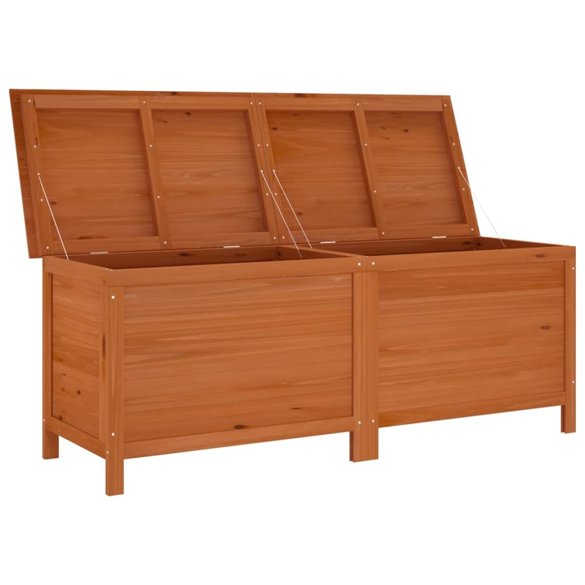 Holz-Stauraumtruhe mit zwei Scharnierdeckeln, offen, auf weißem Hintergrund.