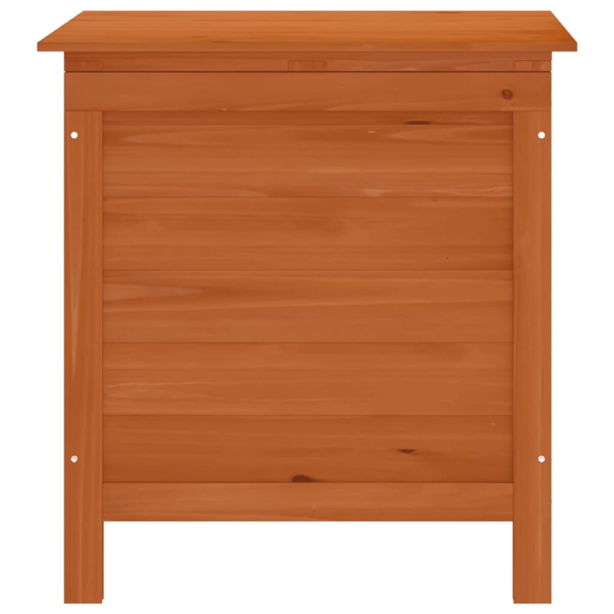Holzaufbewahrungsbox. Braunes Holz, rechteckige Form, mit Deckel. Horizontale Holzlatten.