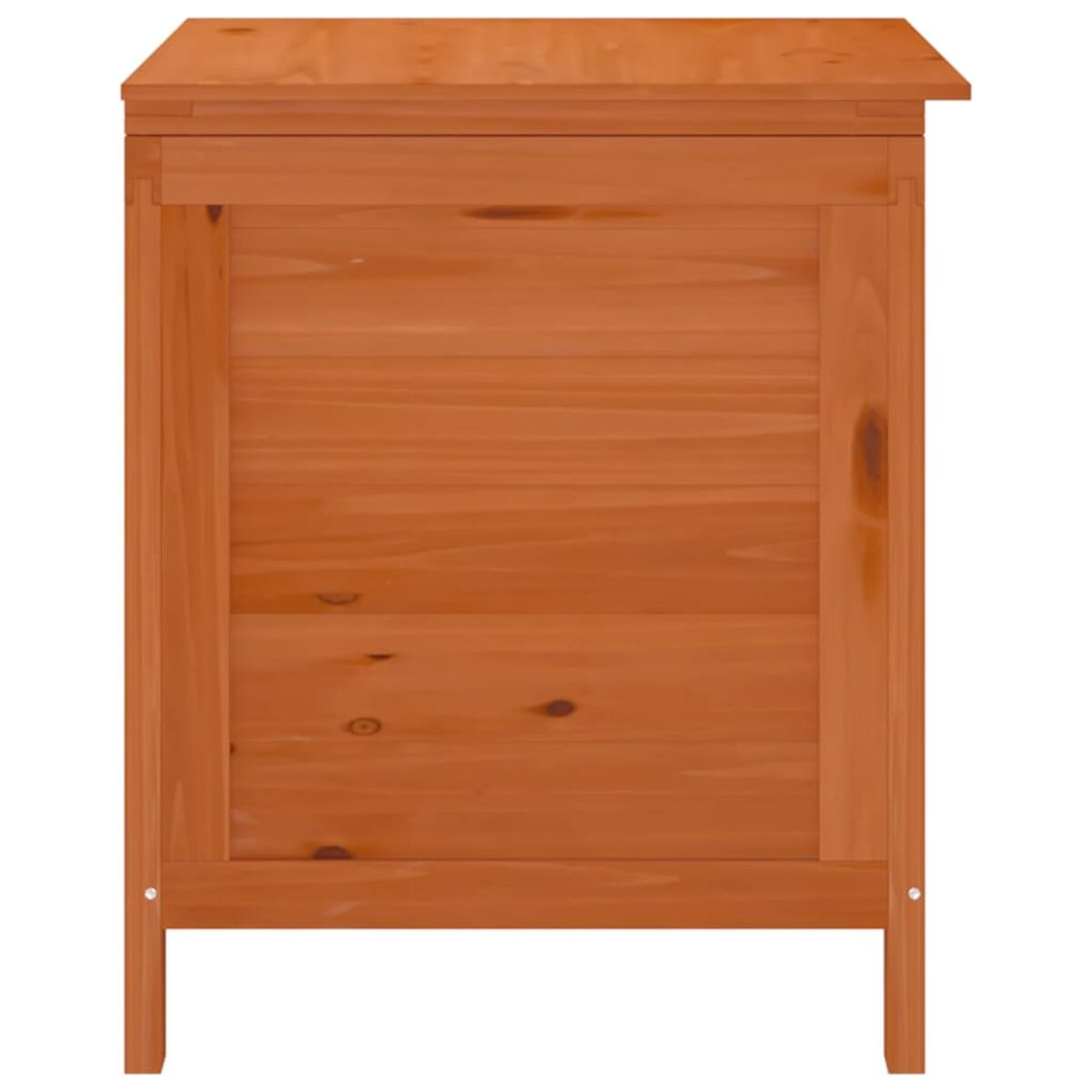 Ein Holzschrank. Er ist braun, mit flacher Oberseite und Beinen. Die Oberfläche zeigt Holzmaserung.