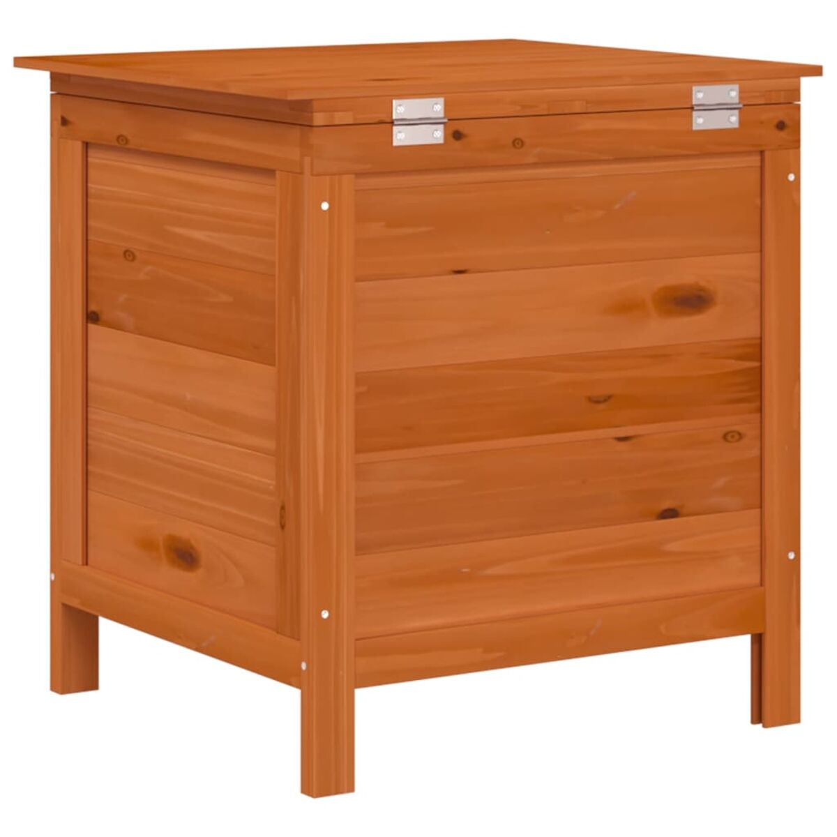 Holzaufbewahrungsbox mit Deckel. Braune Farbe, rechteckige Form. Scharniere sichtbar. Einfaches Design, Outdoor-Umgebung.