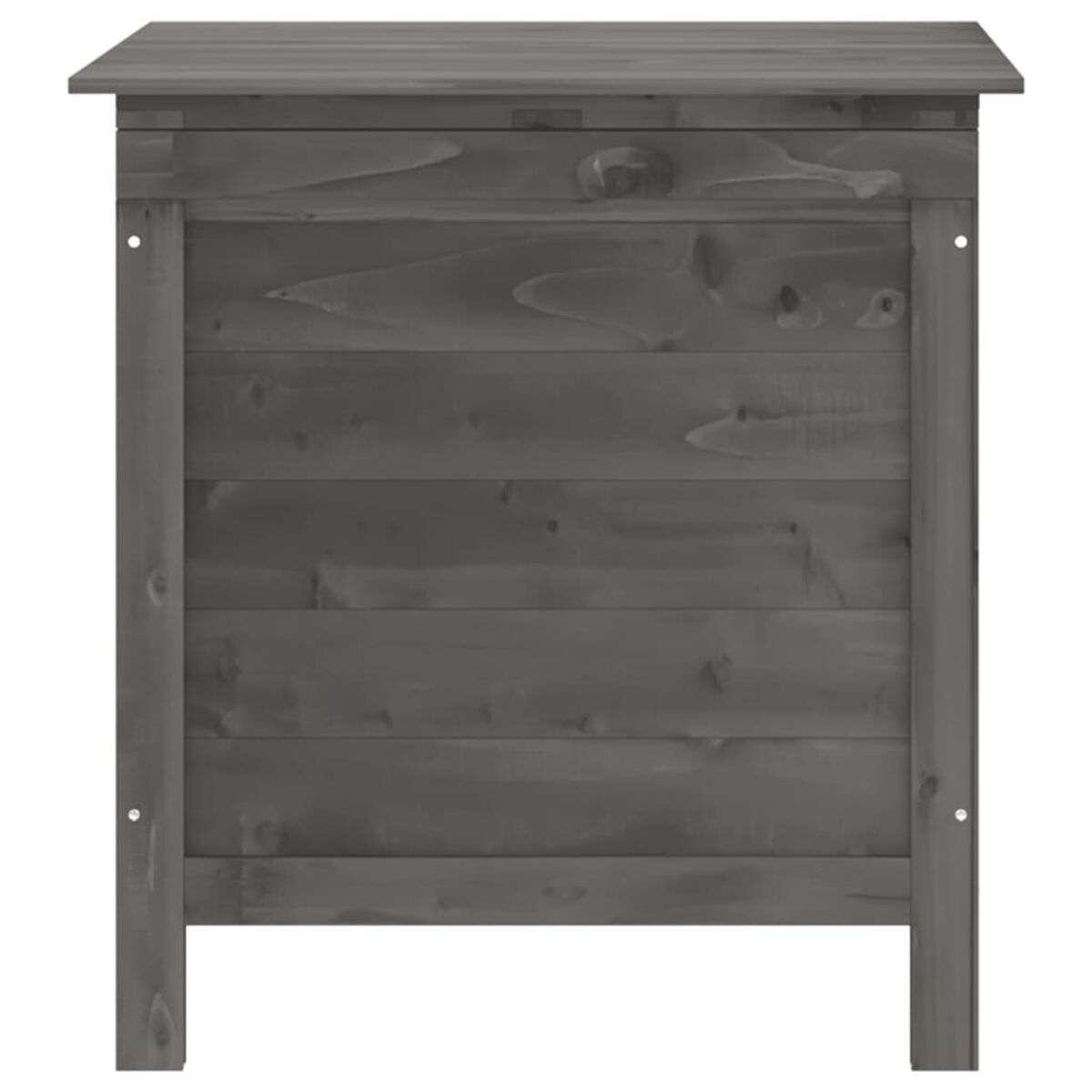 Ein Holzschrank mit grauer Oberfläche. Er hat einen Deckel und horizontale Bretter.