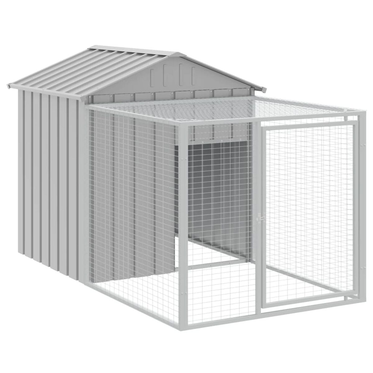 Ein graues Hundehaus aus Metall mit einem eingezäunten Gehege. Das Gebäude hat ein Schrägdach und eine Tür.