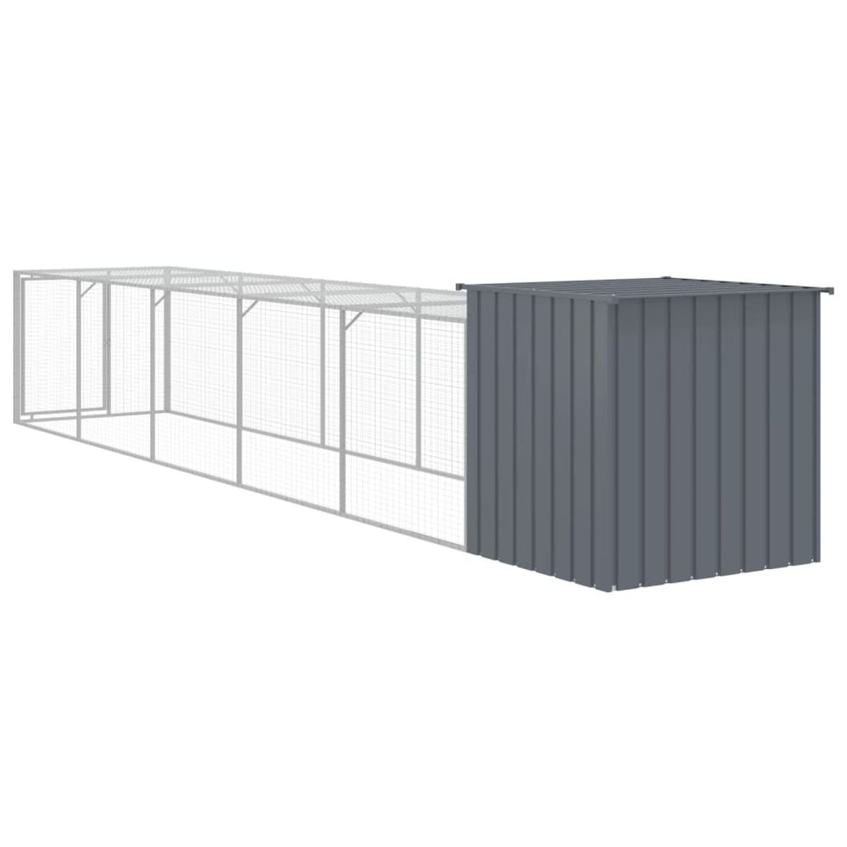 Lange Metallkonstruktion mit einem Geräteschuppen. Weißer Hintergrund.