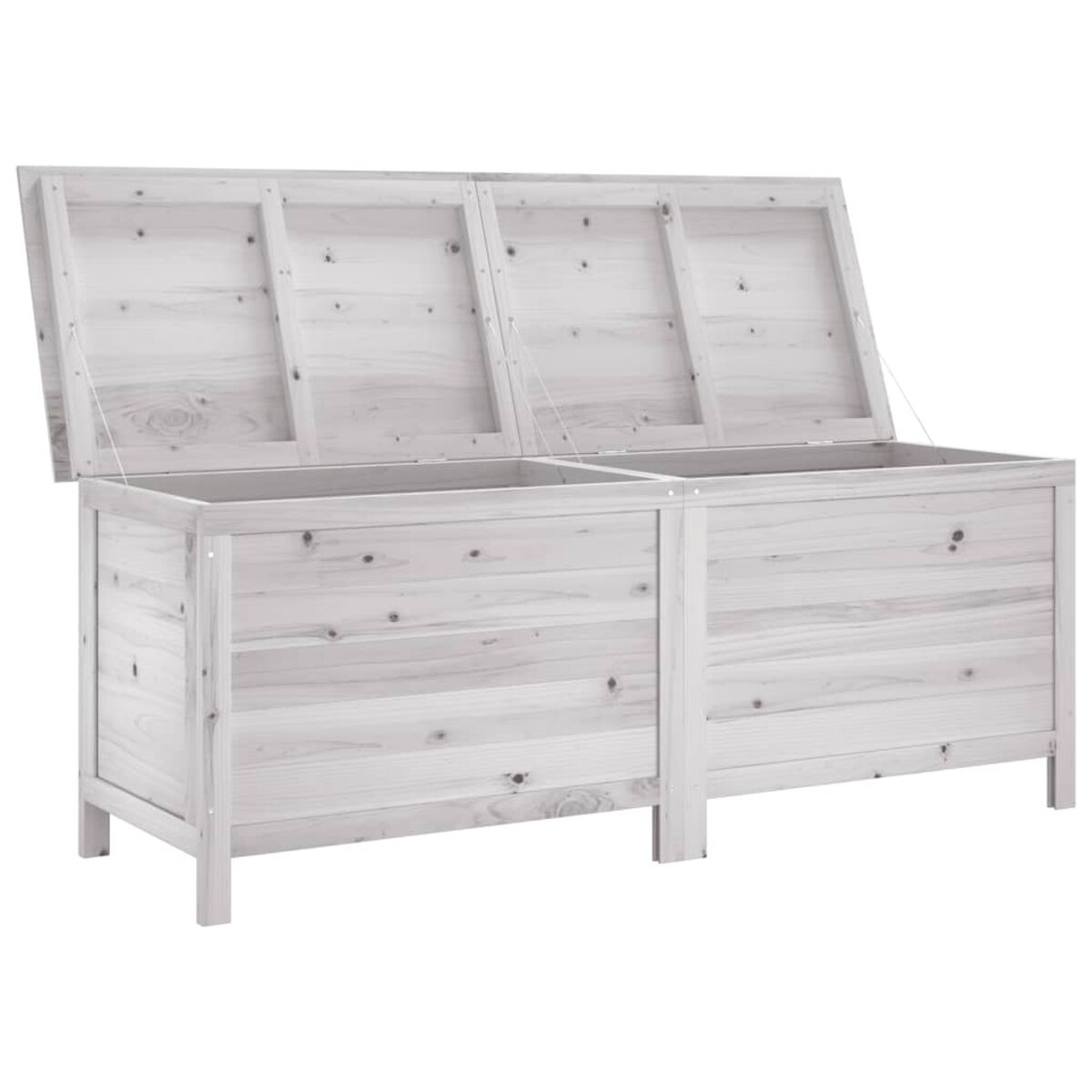 Weiße Holzkiste mit zwei offenen Deckeln. Sichtbare Holzmaserung.