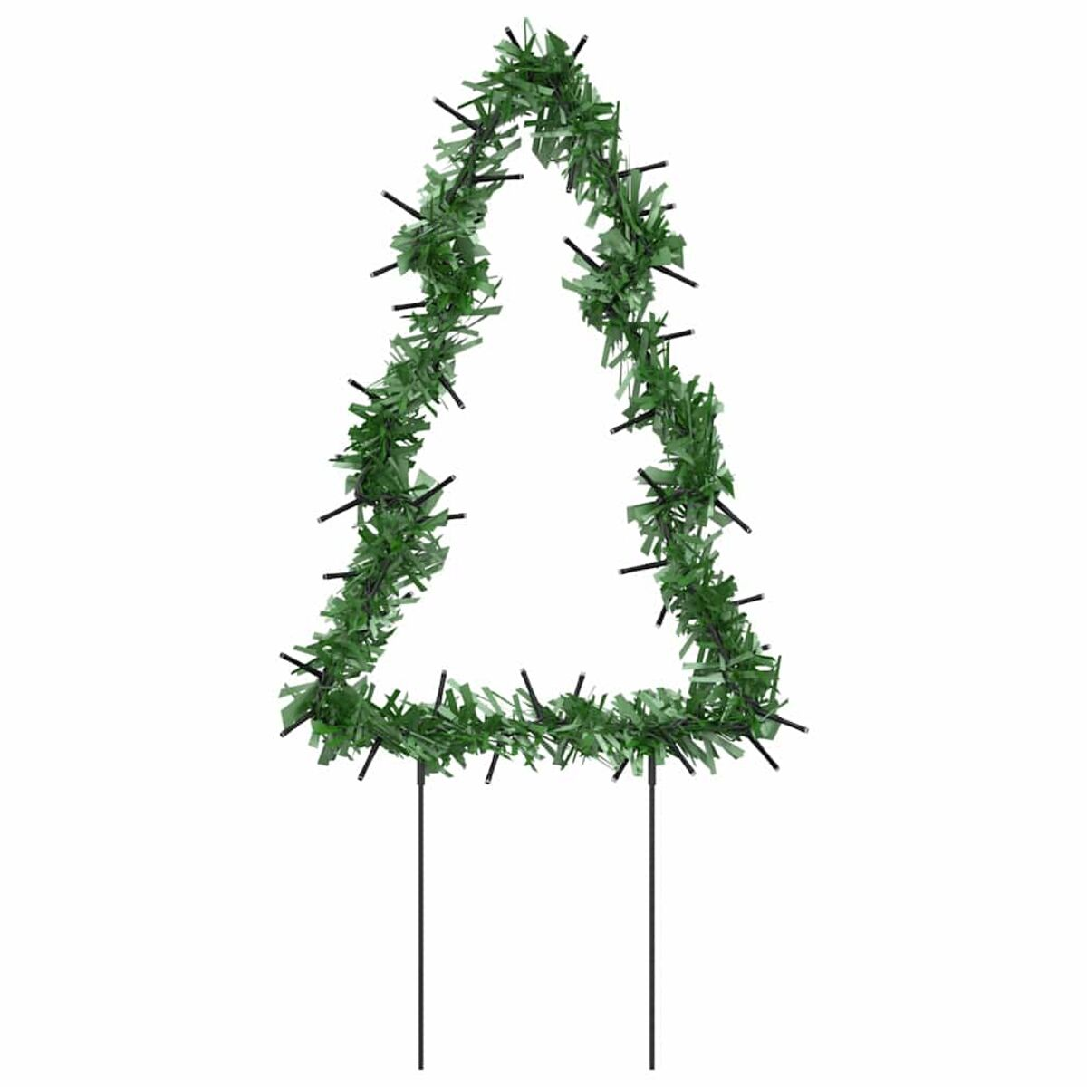 Grüner Weihnachtsbaumrahmen. Drahtrahmen, dreieckige Form. Schwarze Stützstangen.