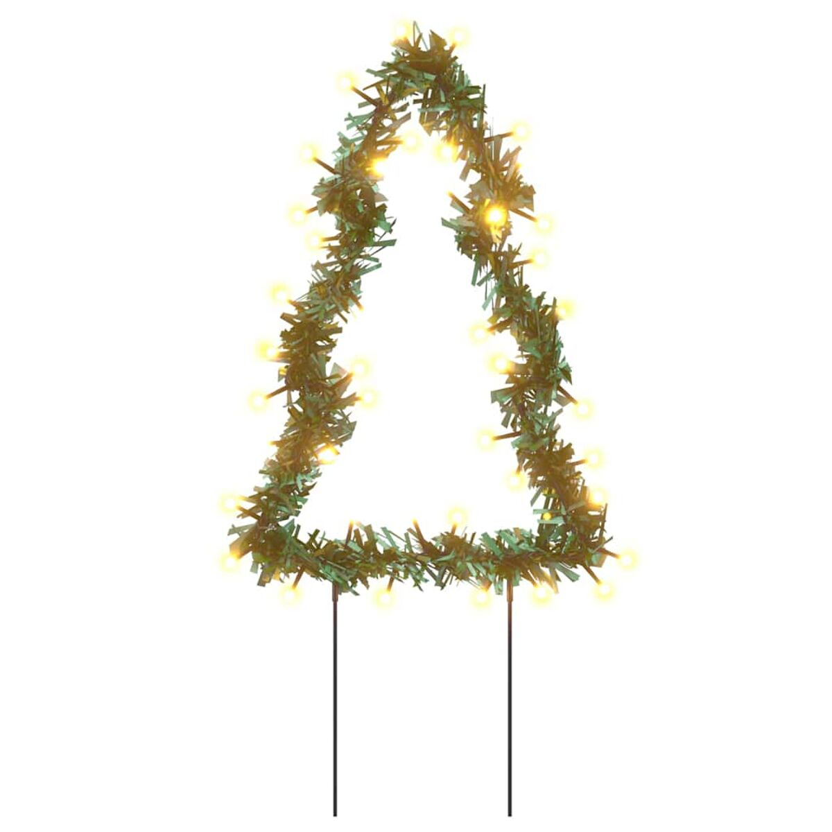 Ein Weihnachtsbaumumriss aus grünem Girlanden mit gelben Lichtern auf weißem Hintergrund.
