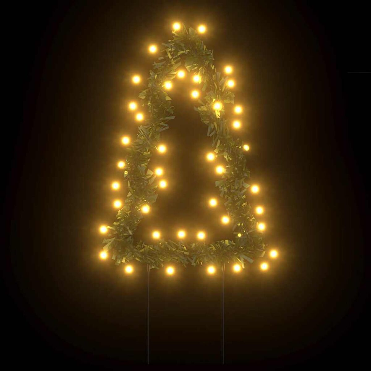 Ein Weihnachtsbaum, geformt von Lichtern, dunkler Hintergrund. Die Lichter sind gelb.