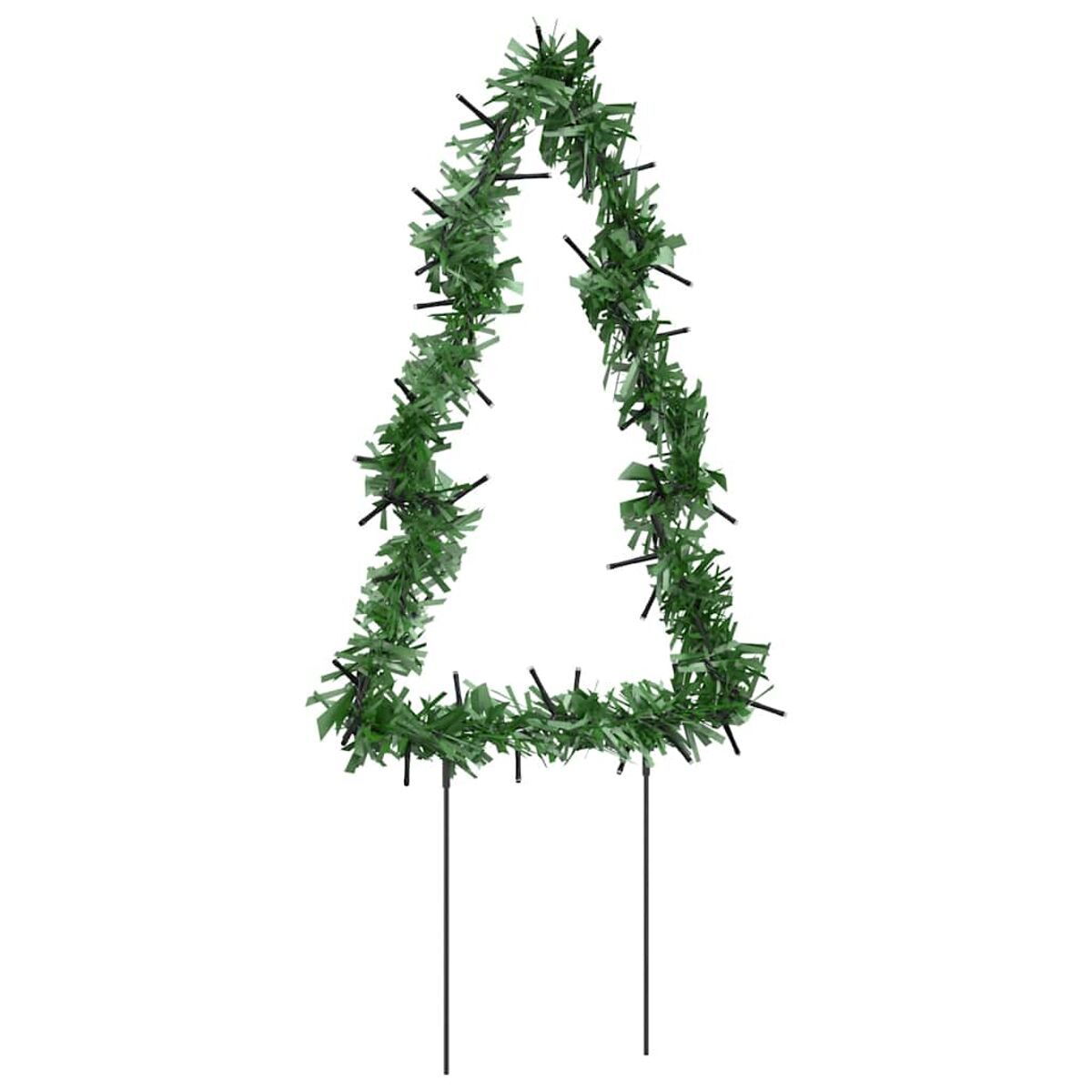 Grüner Lametta in Form eines Weihnachtsbaums. Unten befinden sich zwei schwarze Metallpfähle.