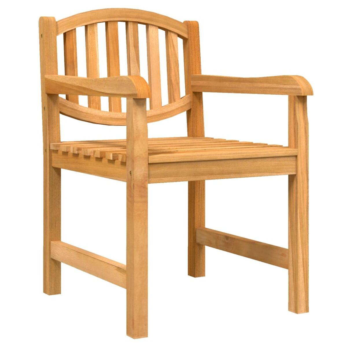 Holz-Außenstuhl. Hellbraune Farbe. Lattenrost Sitzfläche und Rückenlehne, gebogene Oberseite. Armlehnen und vier Beine.