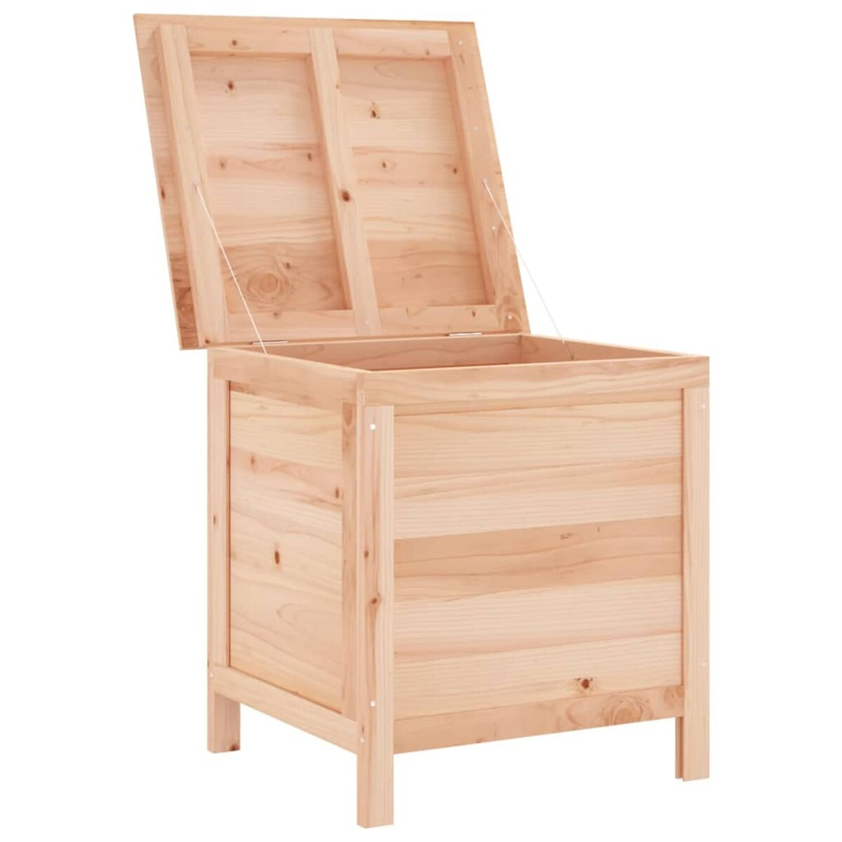 Holzaufbewahrungskiste mit offenem Deckel. Helle Holzfarbe, einfaches Design, vier Beine.