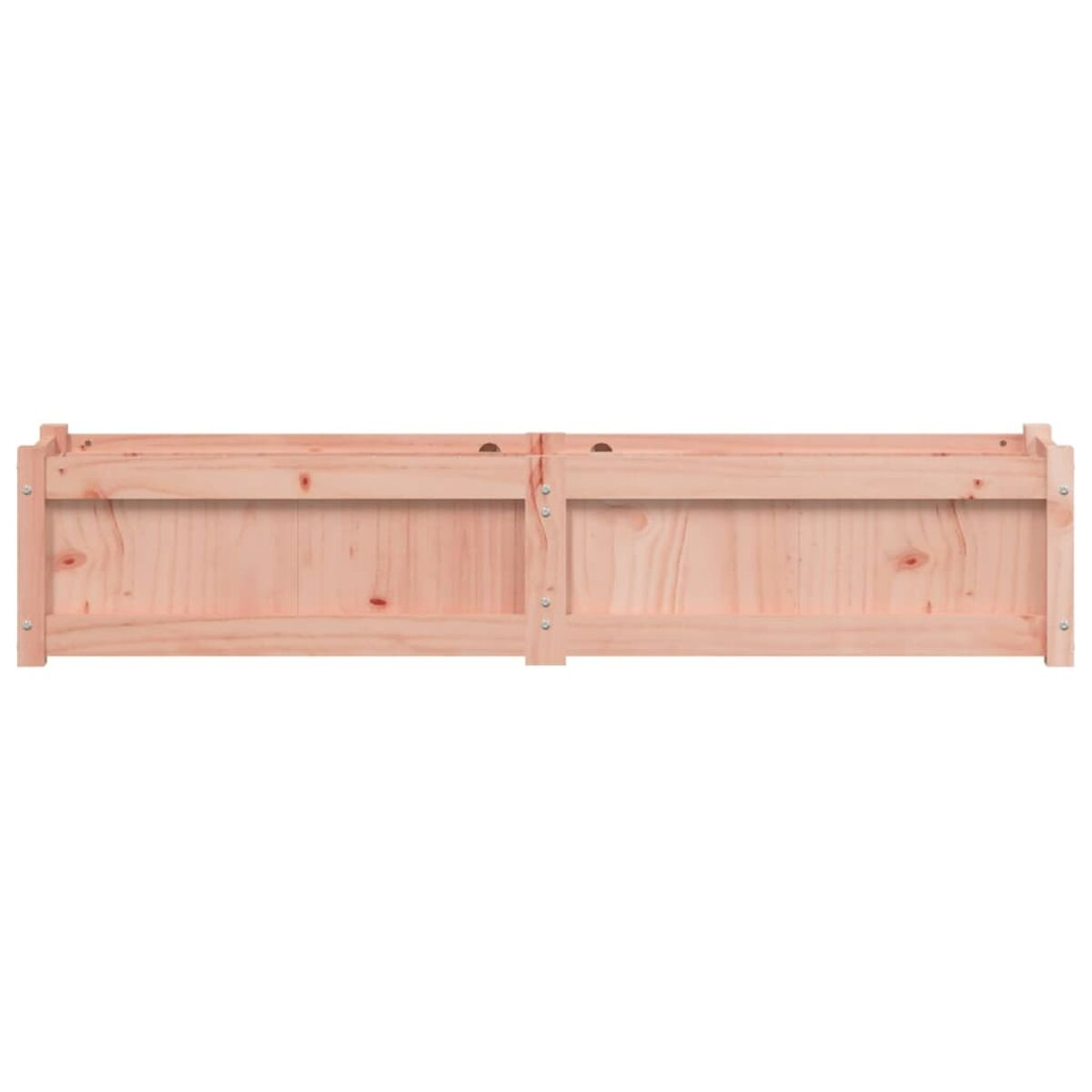 Ein hellrosa Holzpflanzkasten, von vorne betrachtet, ohne Pflanzen, auf weißem Hintergrund.