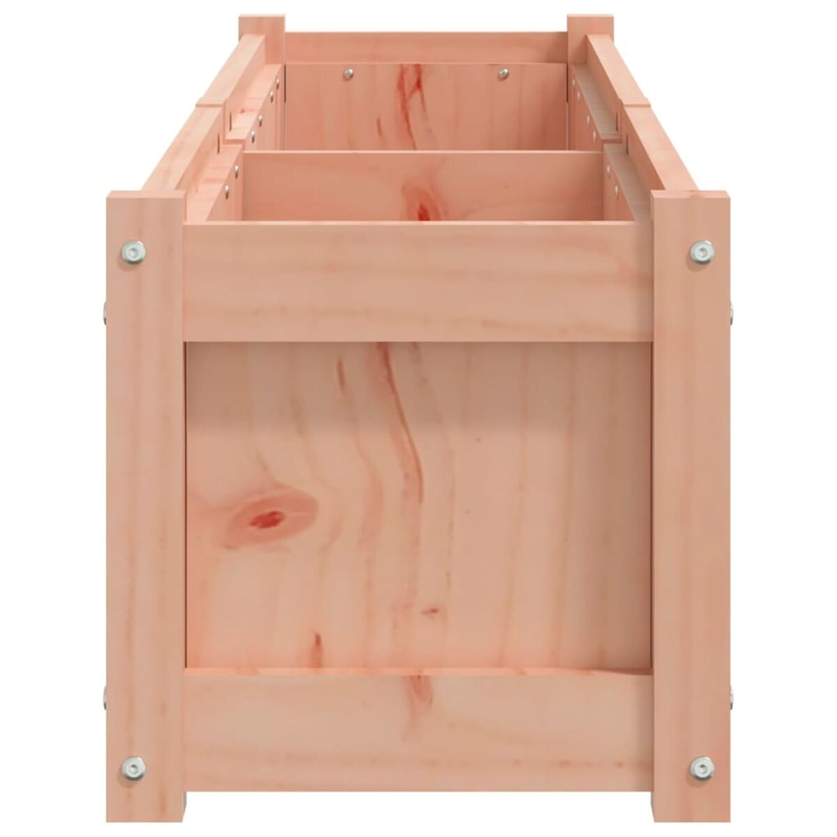 Eine Holzkiste, von der Seite betrachtet. Das Holz ist hellbraun, Schrauben sind sichtbar.