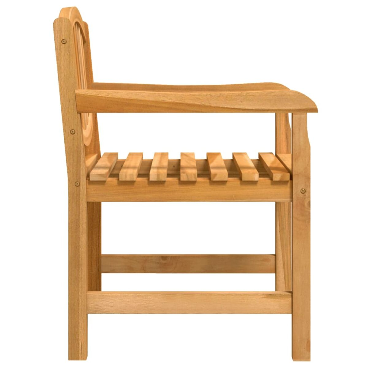 Holzstuhl im Profil. Mit Latten-Sitz und Rücken, gewölbtem Oberteil und Armlehnen.