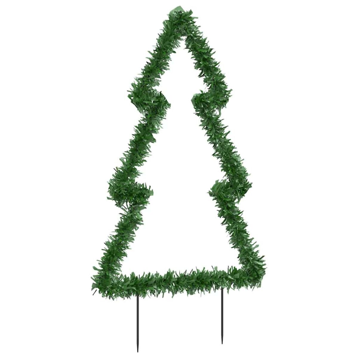 Grüne, weihnachtsbaumförmige Gartendekoration aus Lametta mit zwei Pfählen am Boden.
