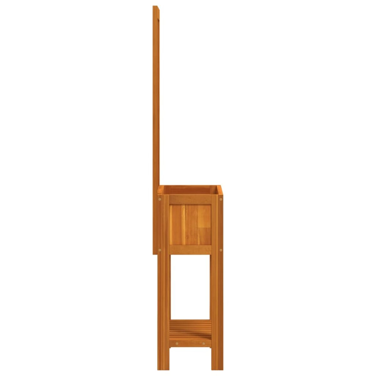Ein hoher, schmaler Pflanzkasten aus Holz mit einer Pflanze.