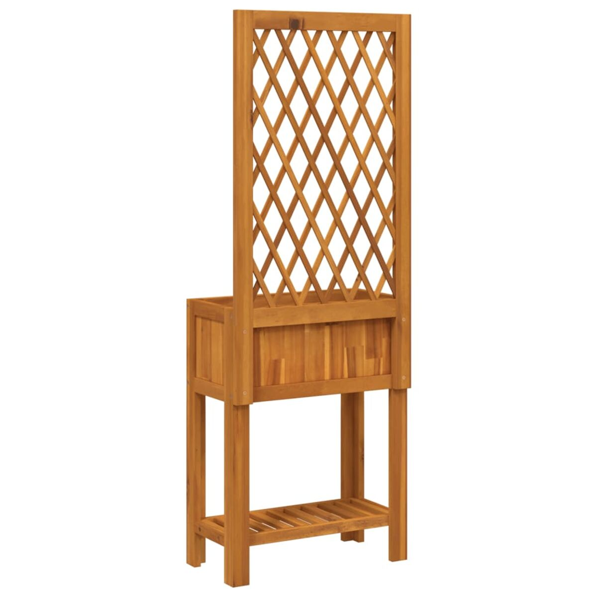 Pflanzgefäß mit Holzspalier und Pflanze. Braune Farbe, schlichtes Design, Außendekoration.