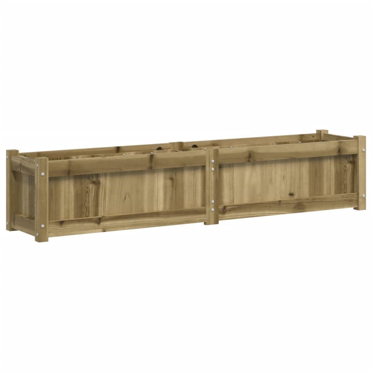 Zwei lange Holzpflanzkästen. Sie bestehen aus hellbraunem Holz und sind rechteckig geformt.