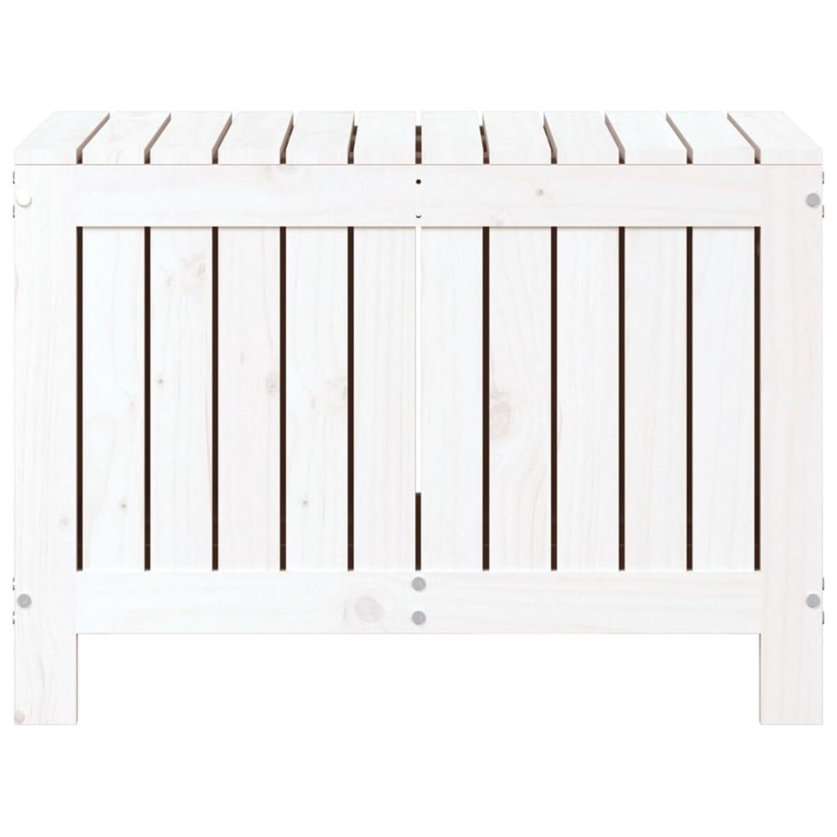 Weiße Outdoor-Aufbewahrungsbox aus Holz mit Lamellenoberteil und zwei Türen.