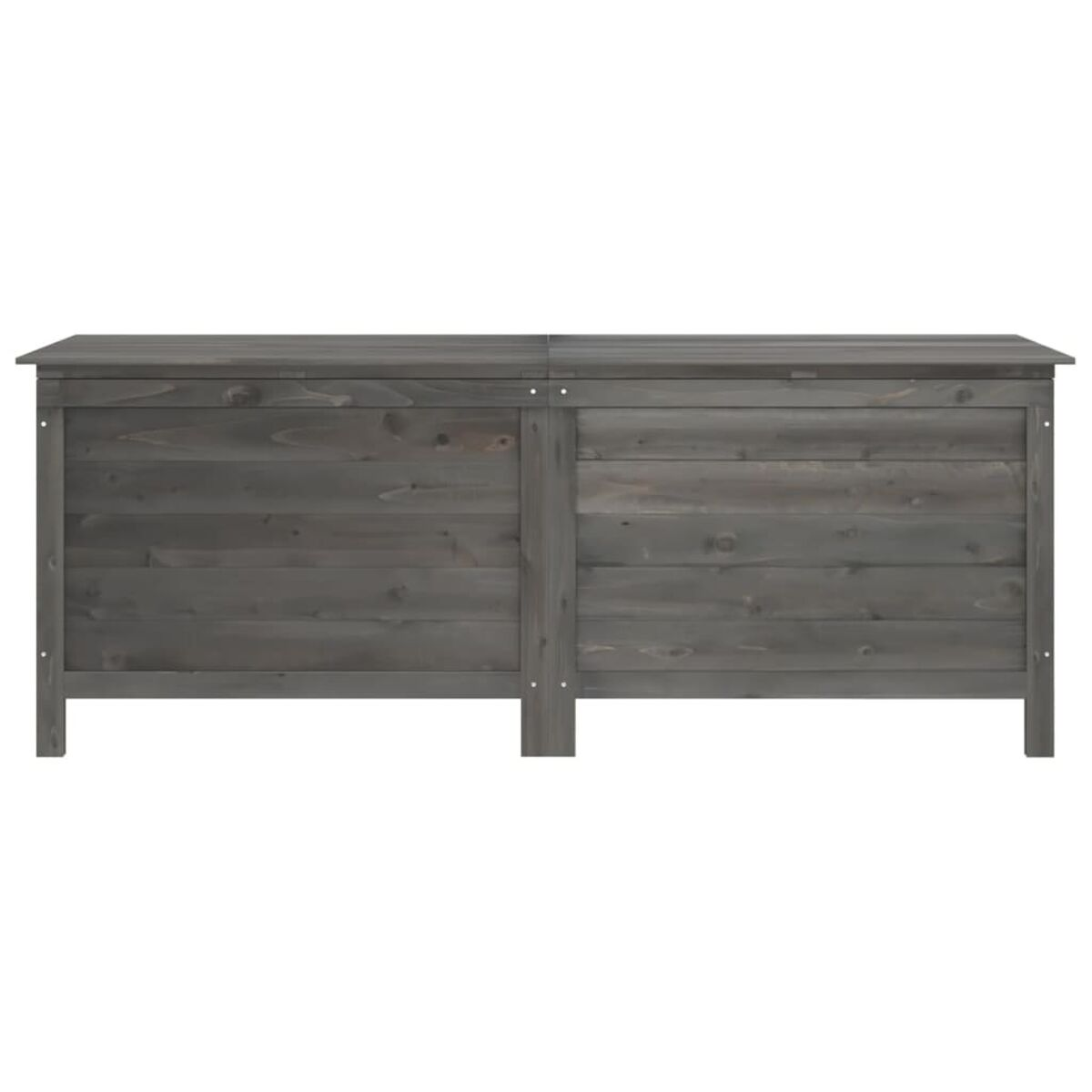 Eine lange, graue Holz-Aufbewahrungsbank mit flacher Oberseite. Sie hat ein einfaches Design.