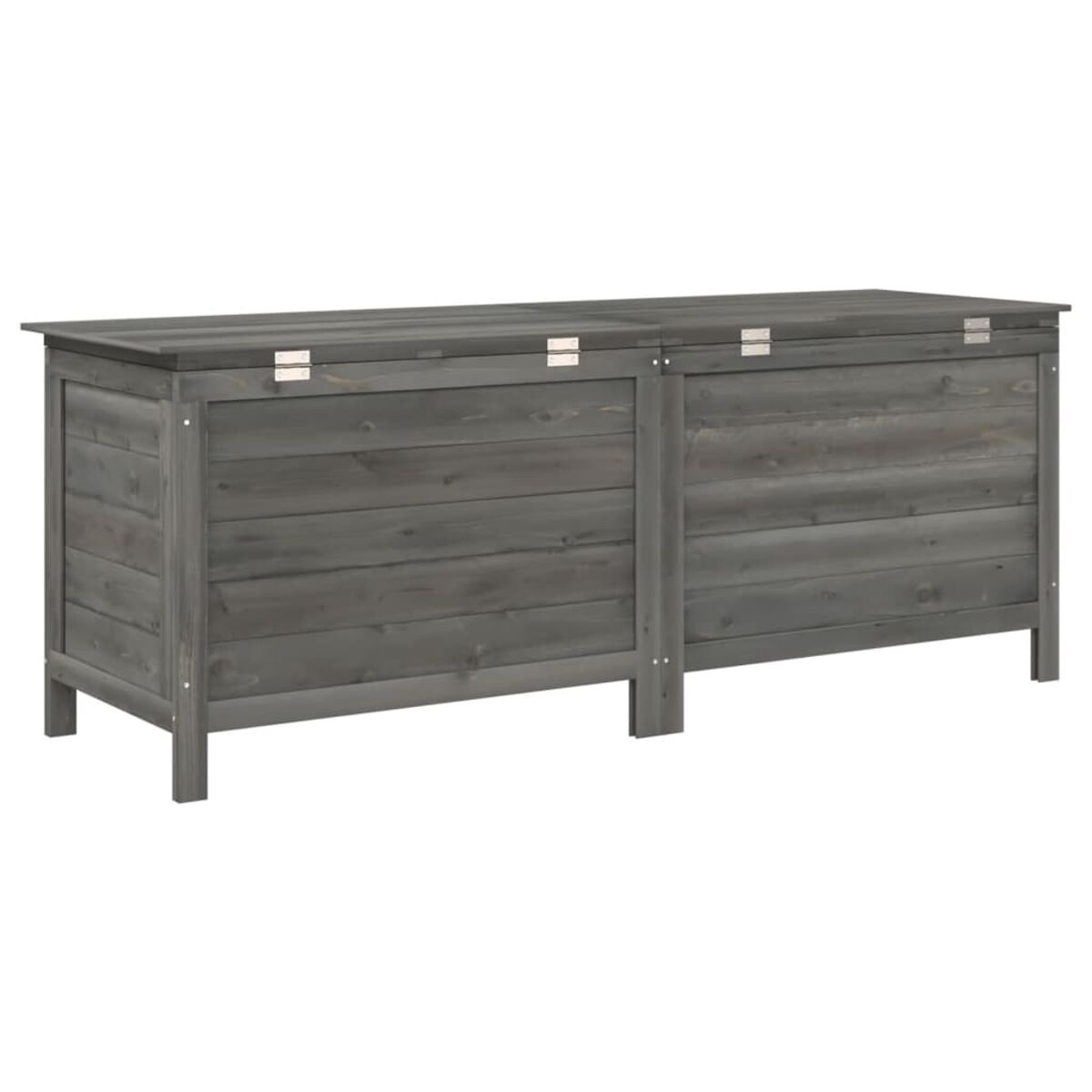 Eine lange, graue Holz-Truhe mit zwei Deckeln.