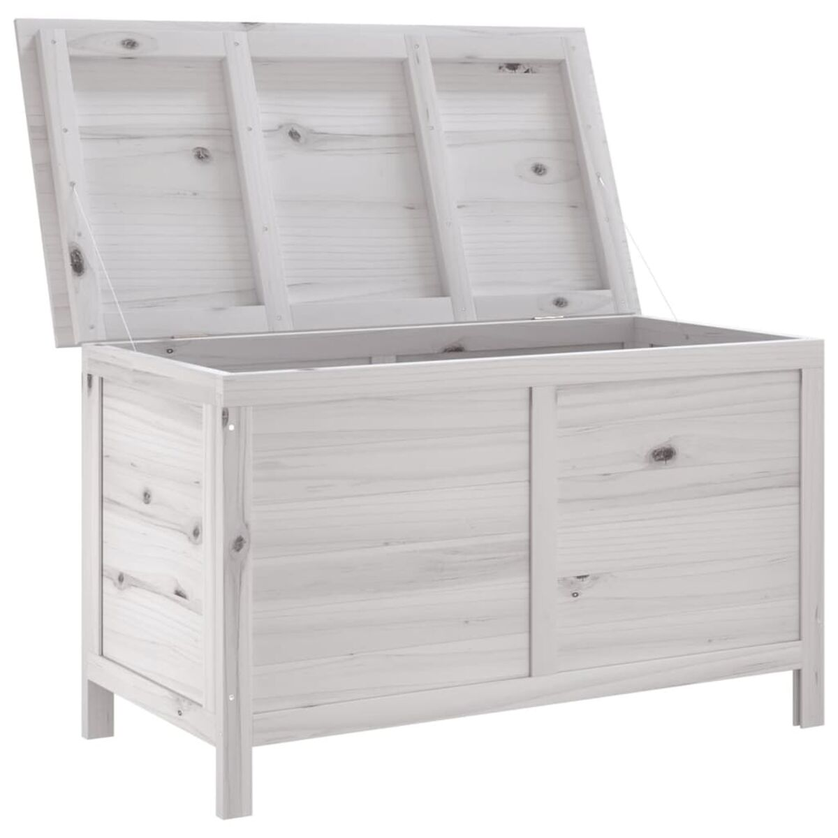 Eine offene Holzkiste mit Deckel, helle Farbe.