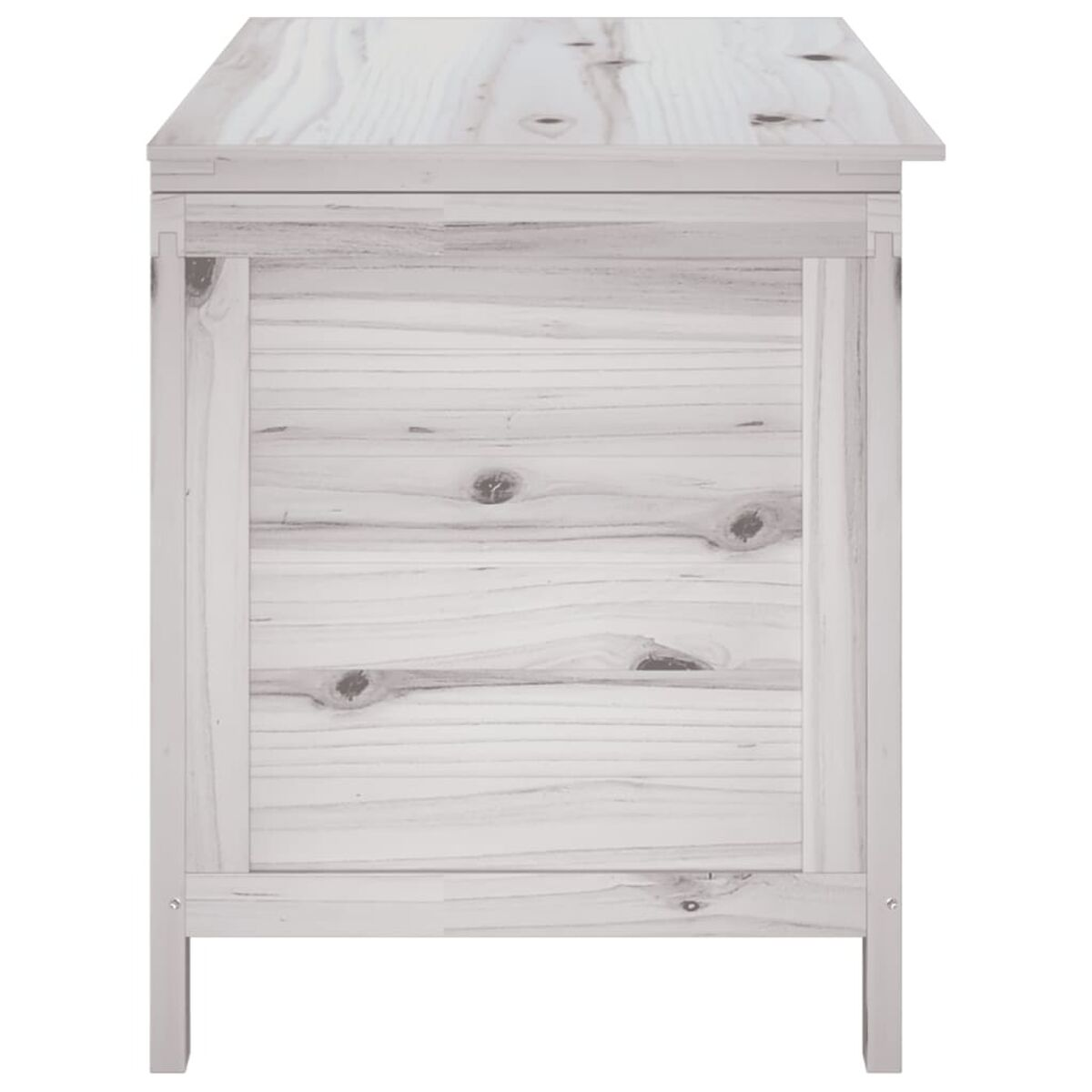Ein weißer Holzschrank mit sichtbarer Holzmaserung, von vorne betrachtet.