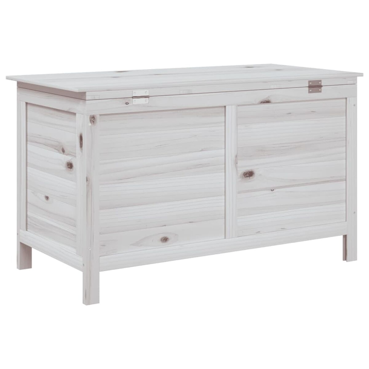 Ein hellfarbiger Holzschrank mit zwei Türen und einer Oberseite. Weißer Hintergrund.