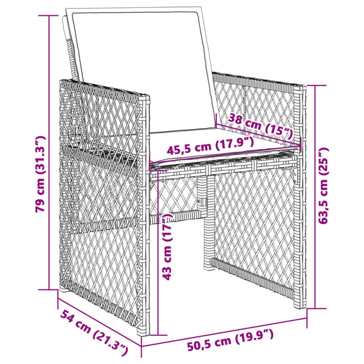 Sedia in vimini con dimensioni. Cuscino bianco. Struttura in vimini marrone con misure in cm e pollici.