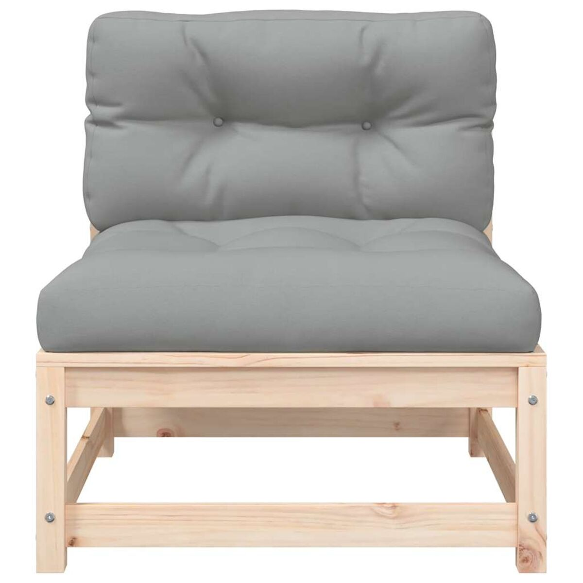 Grauer Futon-Stuhl mit Holzrahmen, schlichtes und modernes Design.
