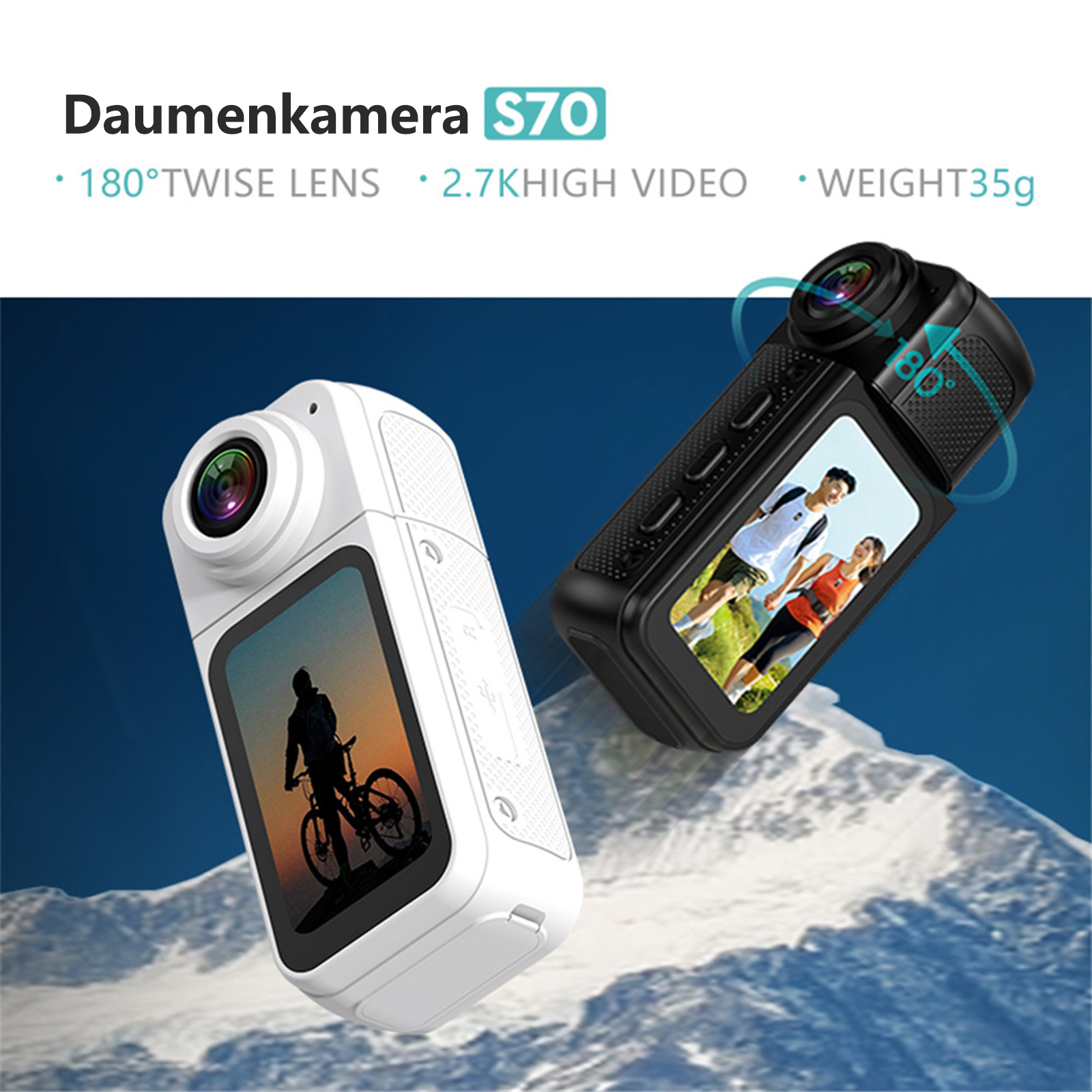 Zwei Action-Kameras, eine weiß, eine schwarz. Text: "Daumenkamera S70" und Spezifikationen. Berg-Hintergrund.