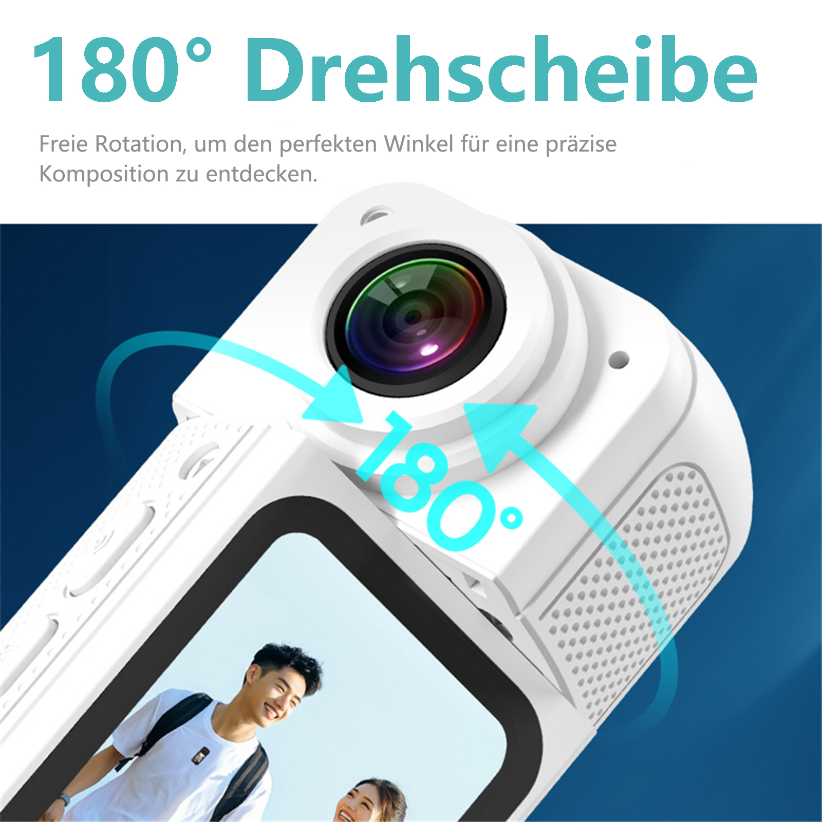 Weiße Action-Kamera mit Text „180° Drehscheibe“ und Pfeilen, die die Drehung anzeigen.