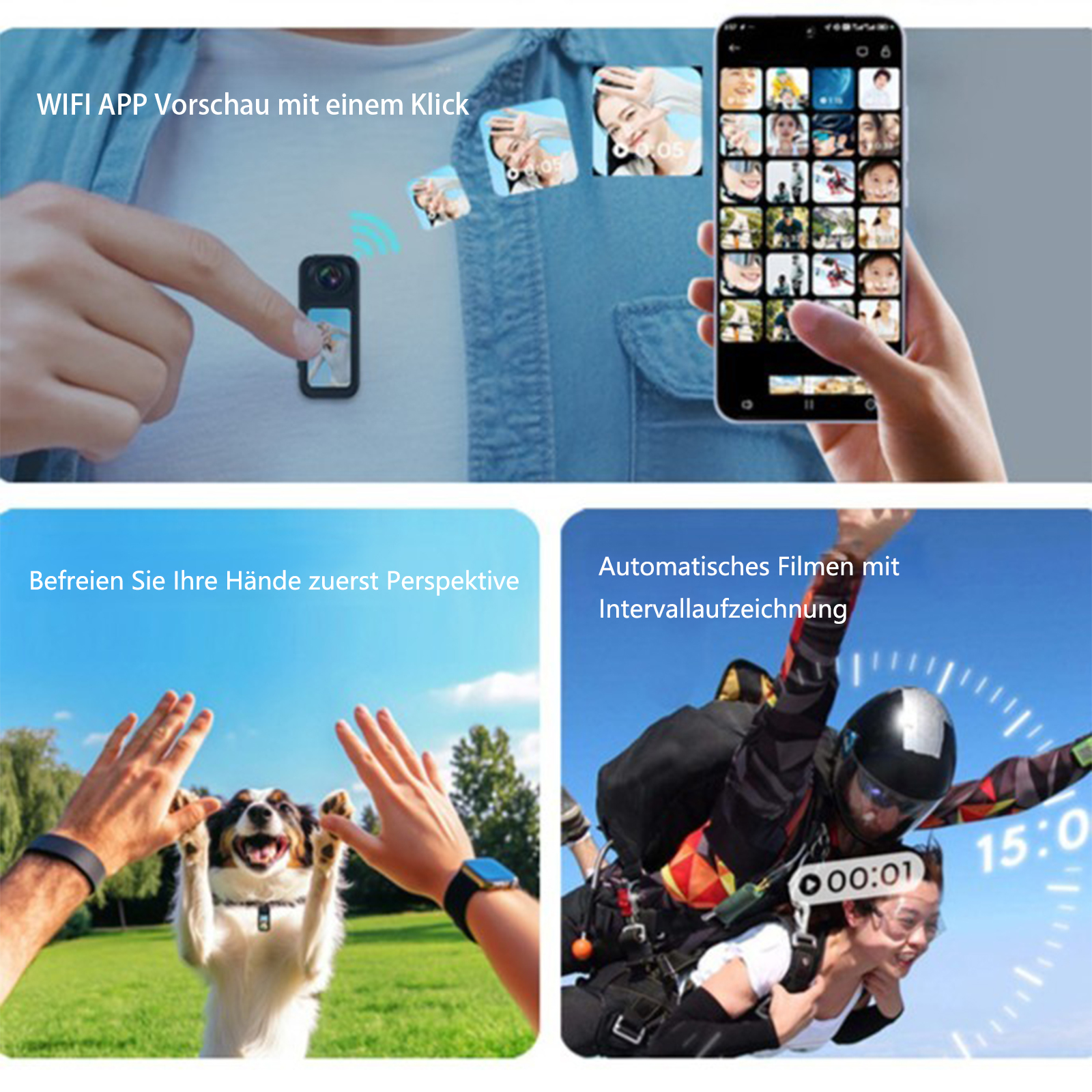 Eine Collage von Bildern, die eine Kamera-App auf einem Telefon, einen Hund und einen Fallschirmspringer zeigen.