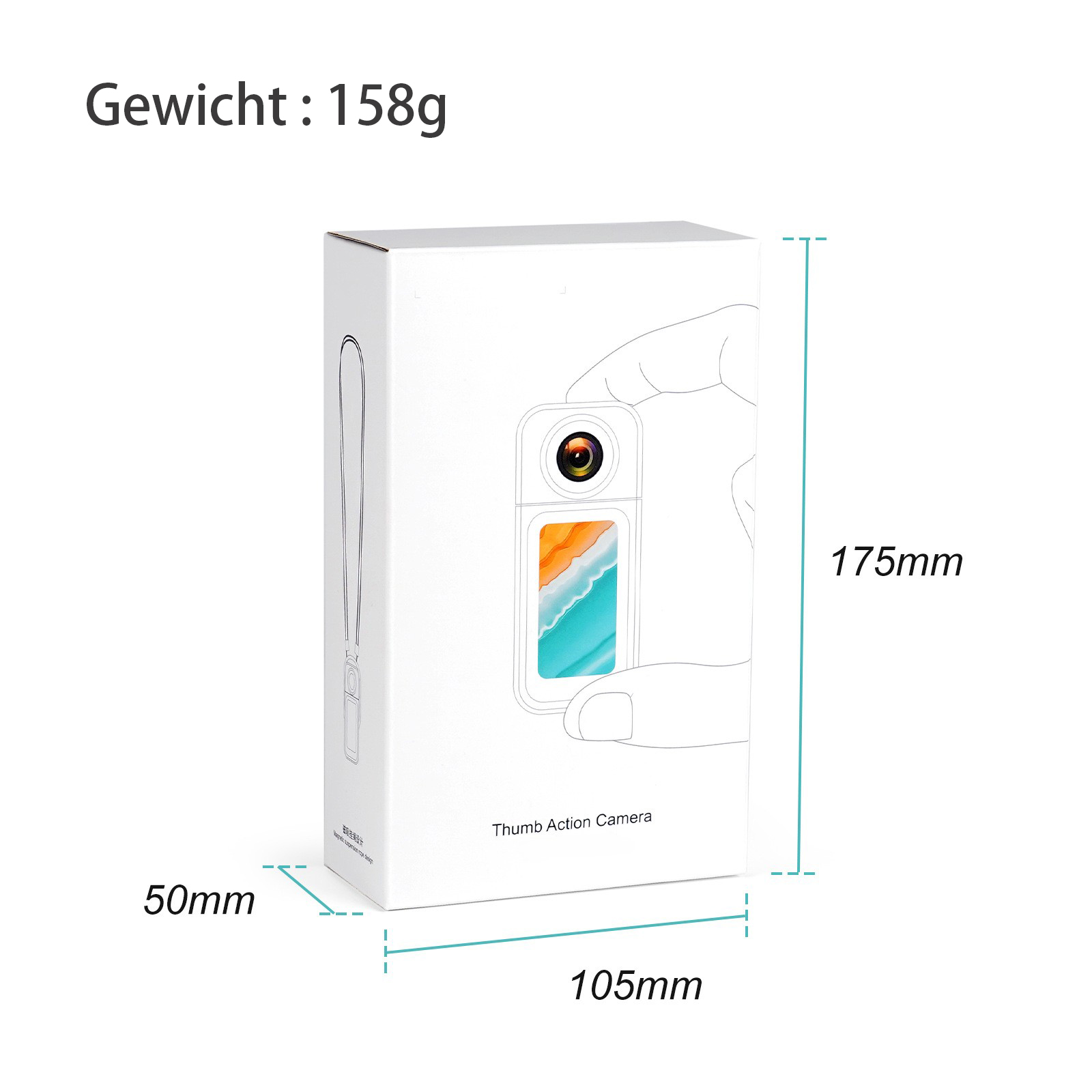 Eine weiße Box mit einem Diagramm einer Kamera und dem Text 'Thumb Action Camera' mit Abmessungen.