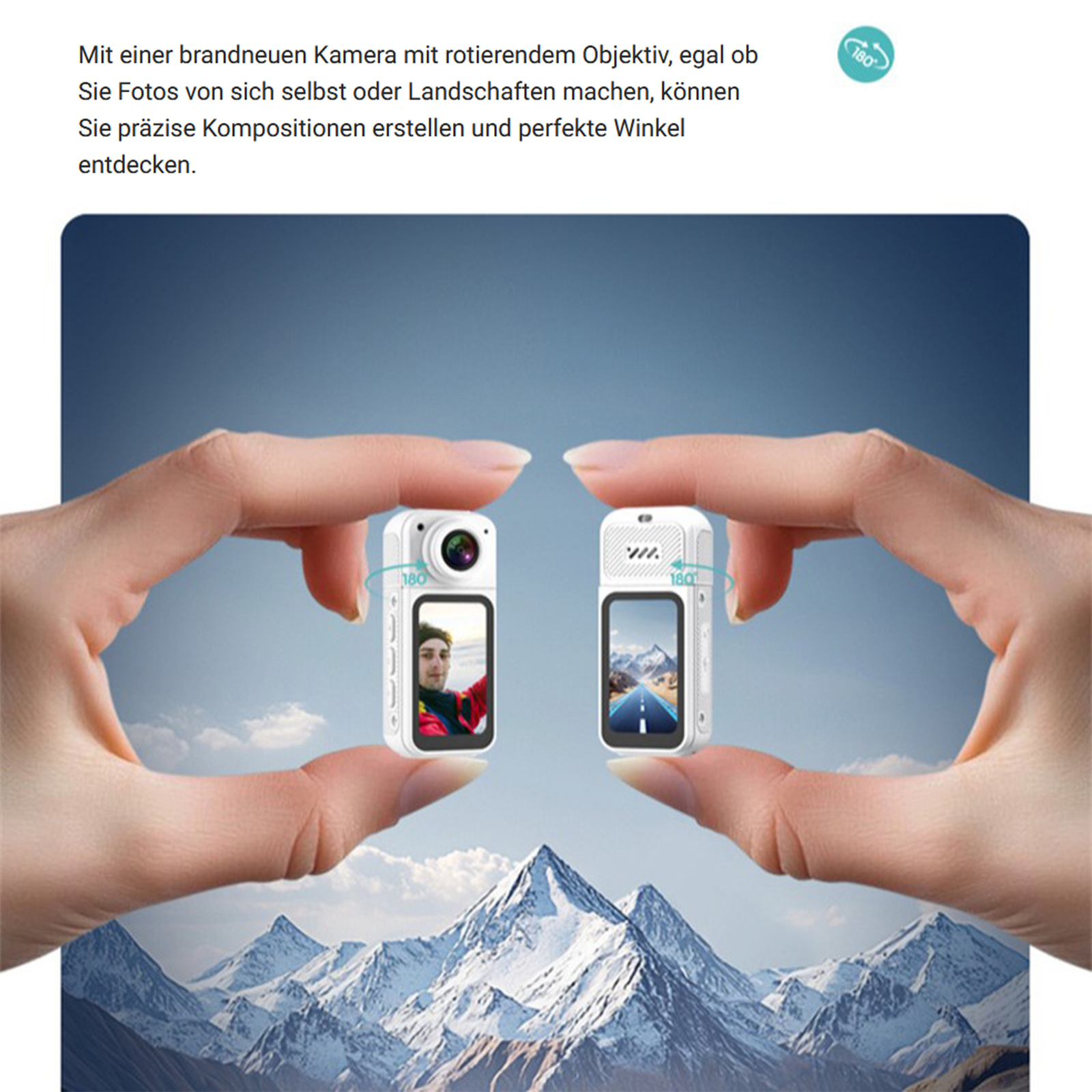 Zwei Hände halten zwei kleine Kameras, der Hintergrund ist ein Gebirge.
