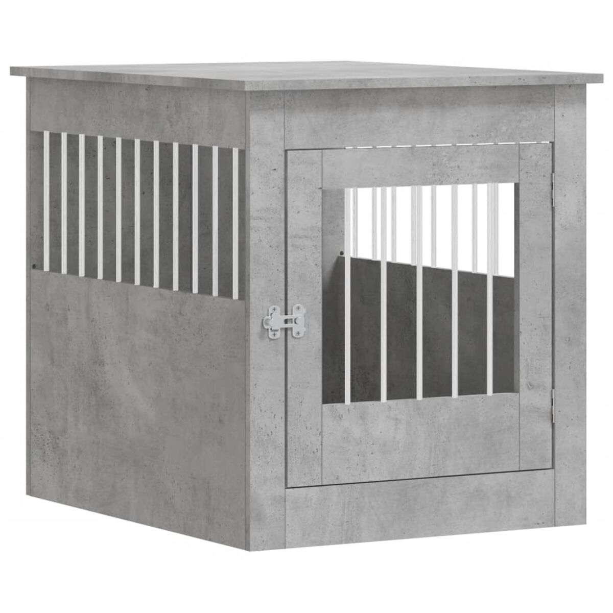 Ein graues Hundehütte aus Beton. Es hat ein Fenster mit Lamellen und eine Tür mit Stäben.