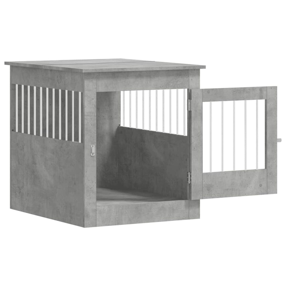 Graues Beton-Hundehaus mit offener Tür und vertikalen Stäben. Der Hintergrund ist weiß.