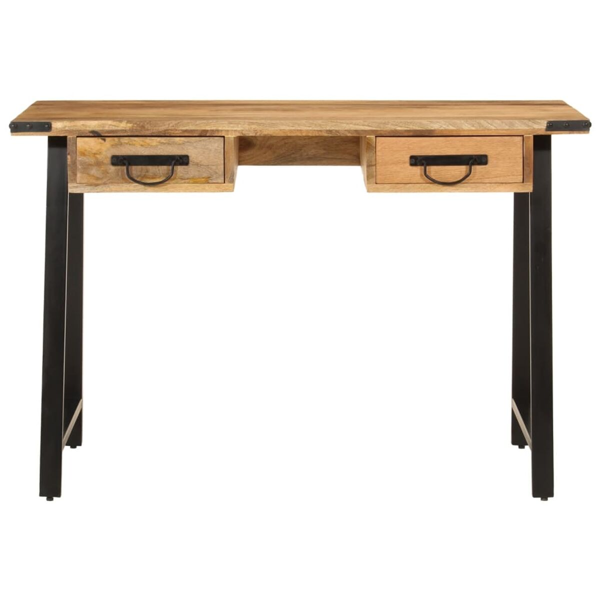 Holzschreibtisch mit zwei Schubladen, schwarzen Metallbeinen und hellfarbiger Holzplatte.