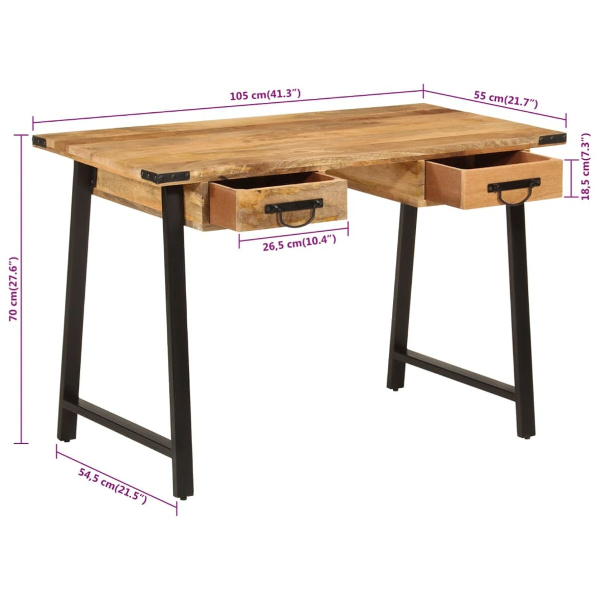 Holzschreibtisch mit zwei Schubladen und Metallbeinen. Abmessungen sind angegeben.