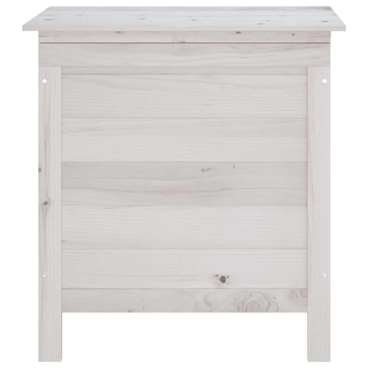 Weißer Holzschrank mit flacher Oberseite und vier vertikalen Brettern. Weißer Hintergrund.