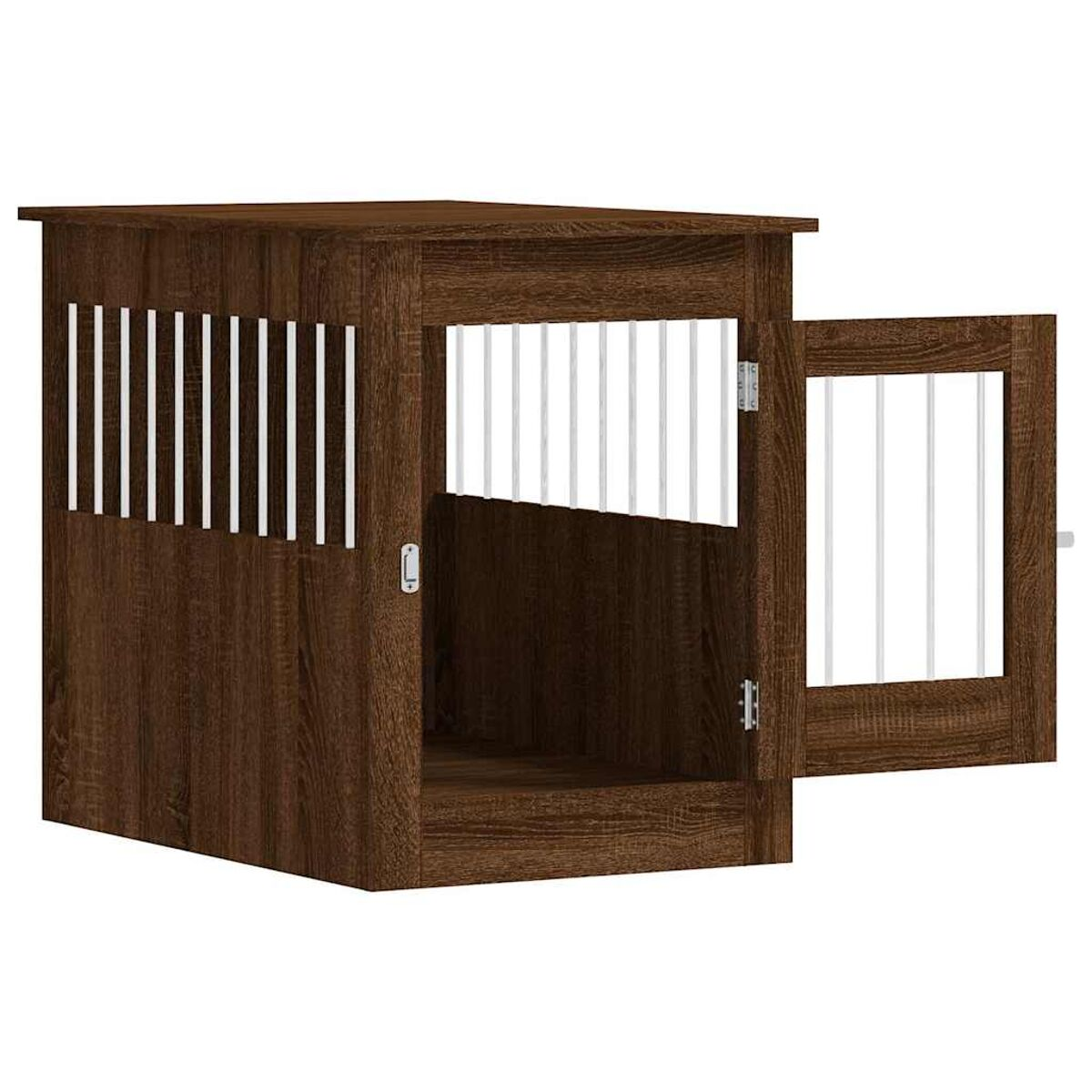 Hunde-Transportbox aus Holz mit offener Tür. Weiße Stangen und Holzoptik.