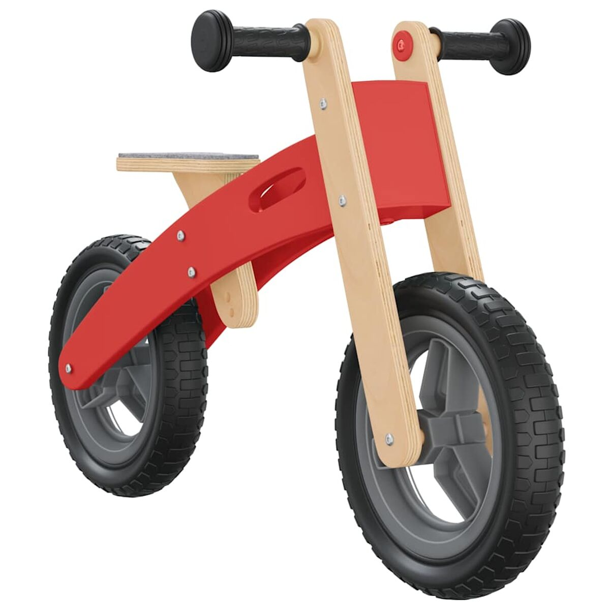 Rotes und Holz-Laufrad für Kinder, mit grauen Rädern und schwarzen Lenkern.