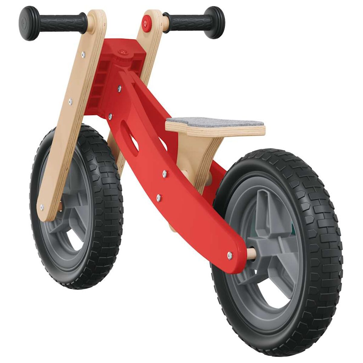 Rotes Laufrad aus Holz mit grauen Reifen. Heller Holzrahmen. Weißer Hintergrund.