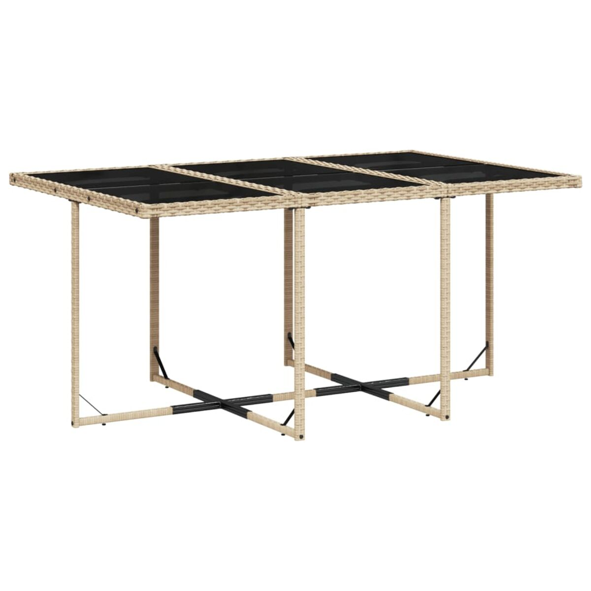 Un tavolo rettangolare da esterno con piano nero e struttura in stile vimini. Sfondo bianco.