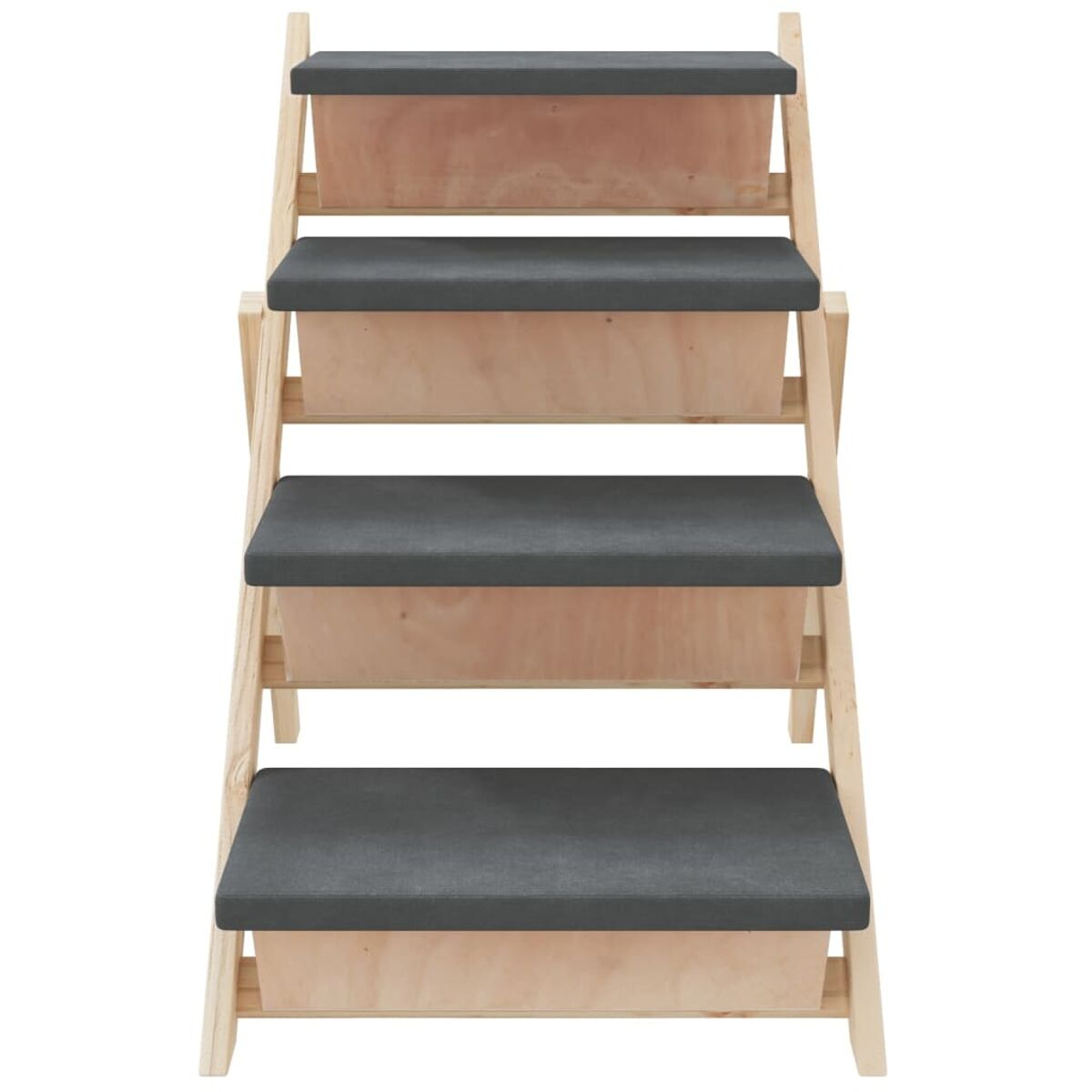 Eine Holztreppe mit vier Stufen. Jede Stufe hat ein graues Kissen und eine Aufbewahrungsbox.