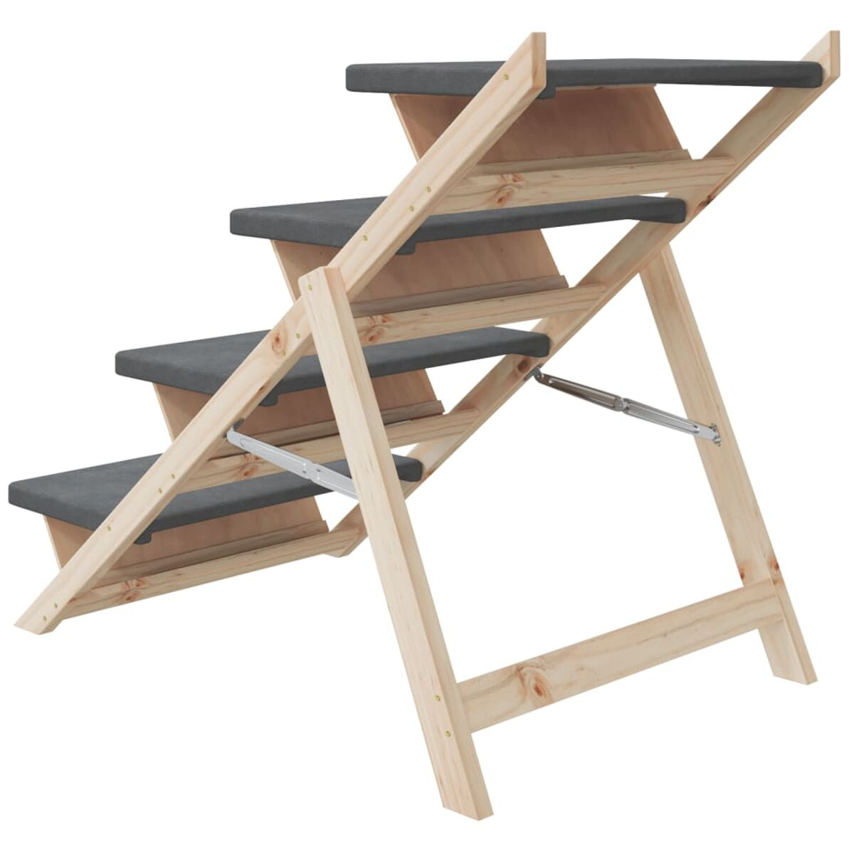 Haustiertreppe, Holzrahmen, graue Stufen. Faltbares Design. Abgewinkelte Struktur, für kleine Haustiere. Innenraum.