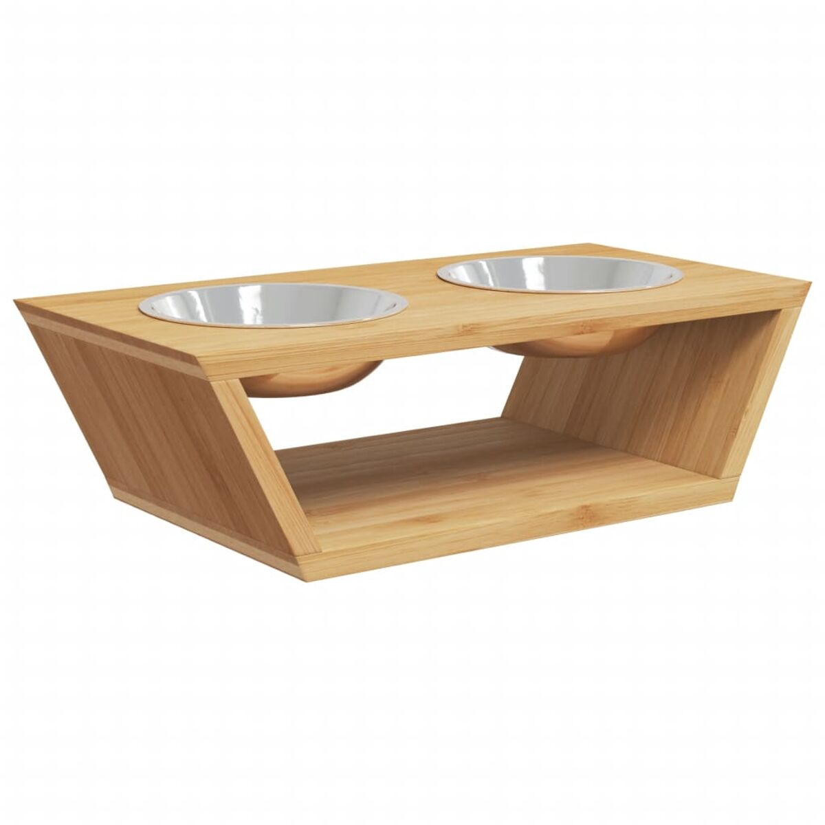 Hunde-Futternapf-Ständer aus Holz mit zwei Edelstahlnäpfen. Weißer Hintergrund.